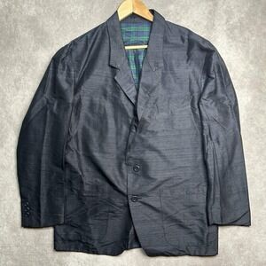 Boggi Milano 100% Silk Blazer 46R Navy Blue Sport Coat 2-Button Plaid Lined RARE